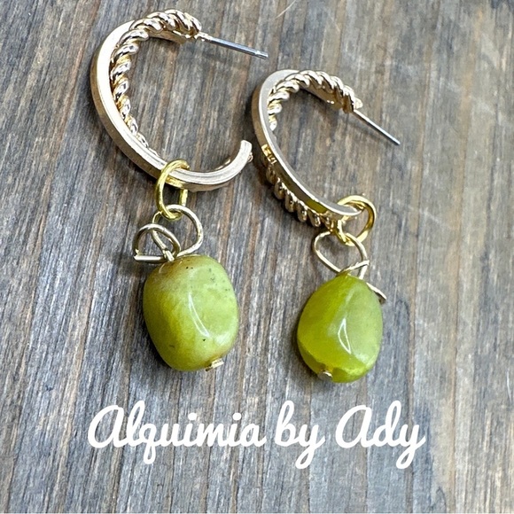 Peridot 15mm steel gold earrings/August birthstone/ dangle - Picture 1 of 6